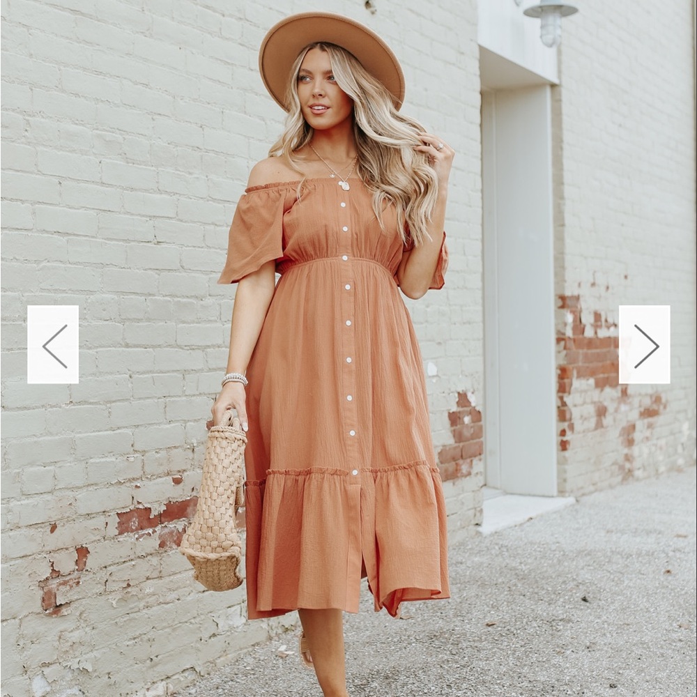 Off the Shoulder Button Detail Clay Midi Dress
